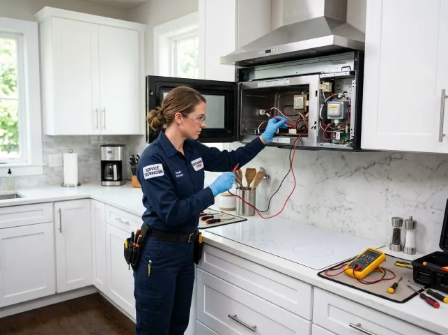 Appliance Repair Hero technician testing an over-the-range microwave in a Beaver Falls, PA kitchen